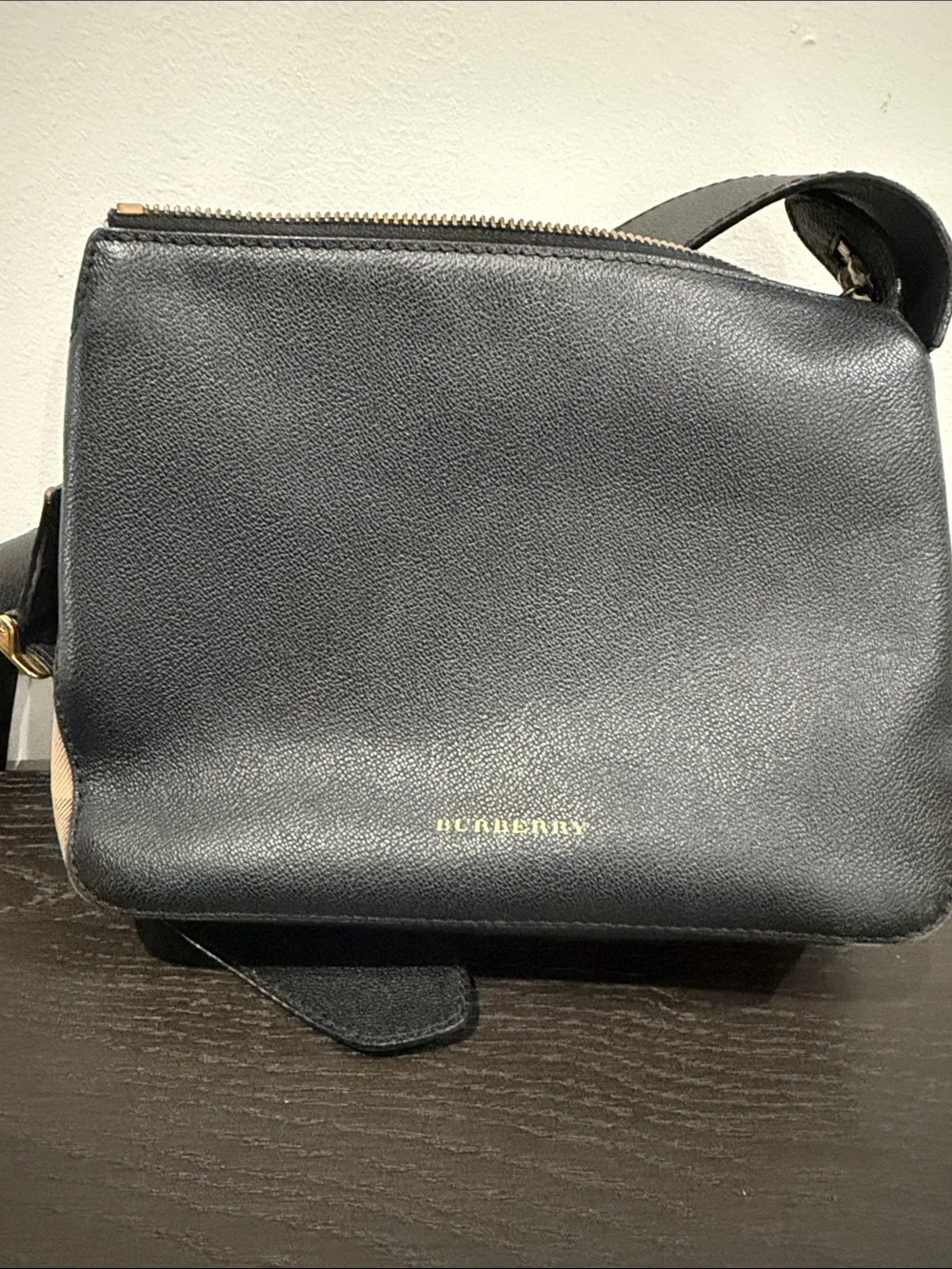 Burberry Black Leather Messenger Bag with Gold Logo